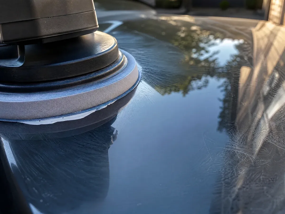 Machine polisher correcting a hood — Scarabbodyworks Detailing in Austin, TX