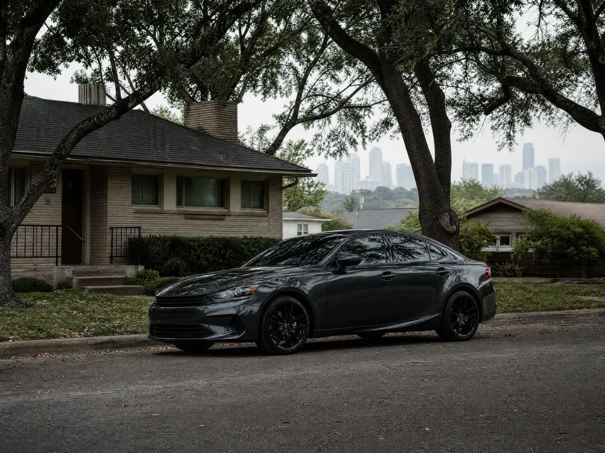 A tree-lined Austin residential street with a car parked at the kerb — Scarabbodyworks Detailing in Austin, TX.
