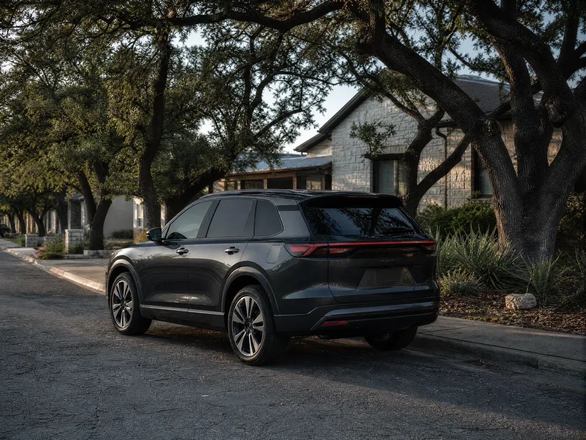 A quiet Buda residential street with a car parked at the kerb near the town's edge — Scarabbodyworks Detailing in Buda, TX.
