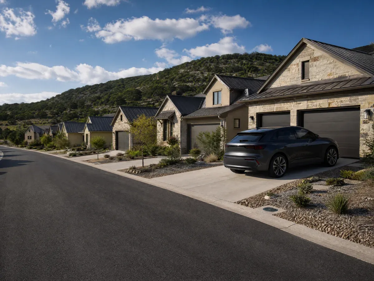 A new suburban street in Leander with cedar hills behind the homes and a car parked in the driveway — Scarabbodyworks Detailing in Leander, TX.