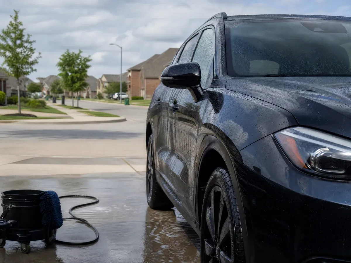 A suburban Pflugerville street with brick homes and a car parked at the kerb — Scarabbodyworks Detailing in Pflugerville, TX.
