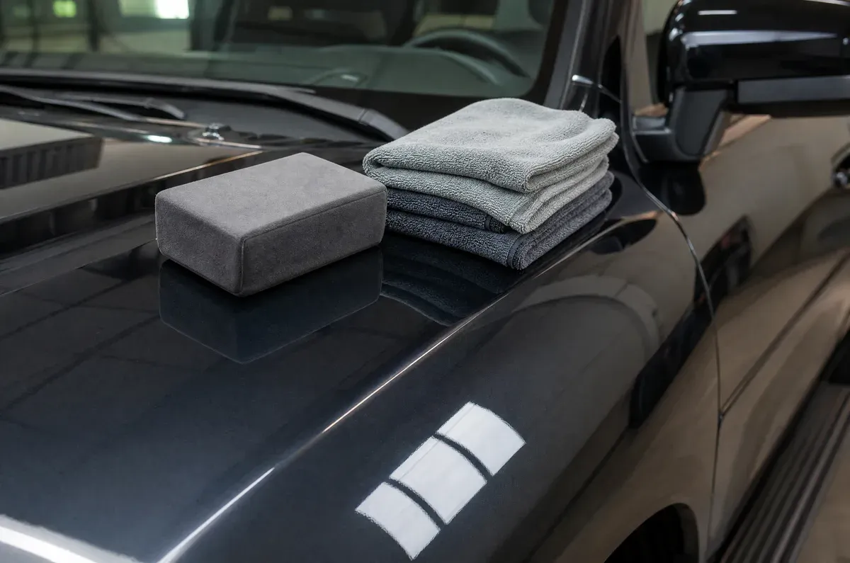 Coating applicator and folded microfiber towels resting on a corrected fender in the Buda shop before ceramic coating