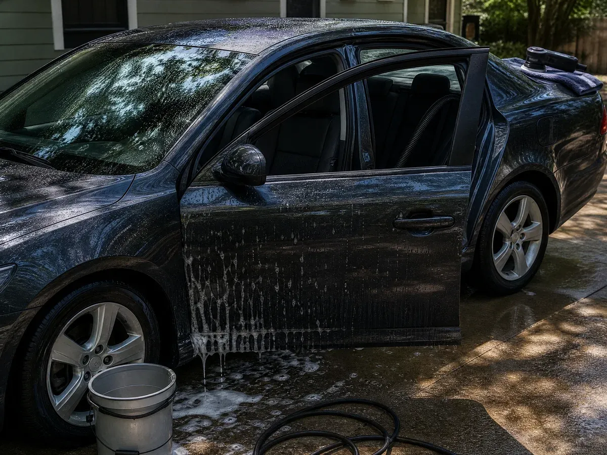 Detailer working in a driveway — Scarabbodyworks Detailing in Austin, TX