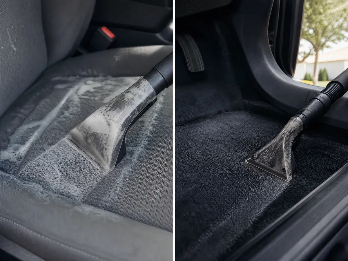 Seat shampoo treatment during interior detailing