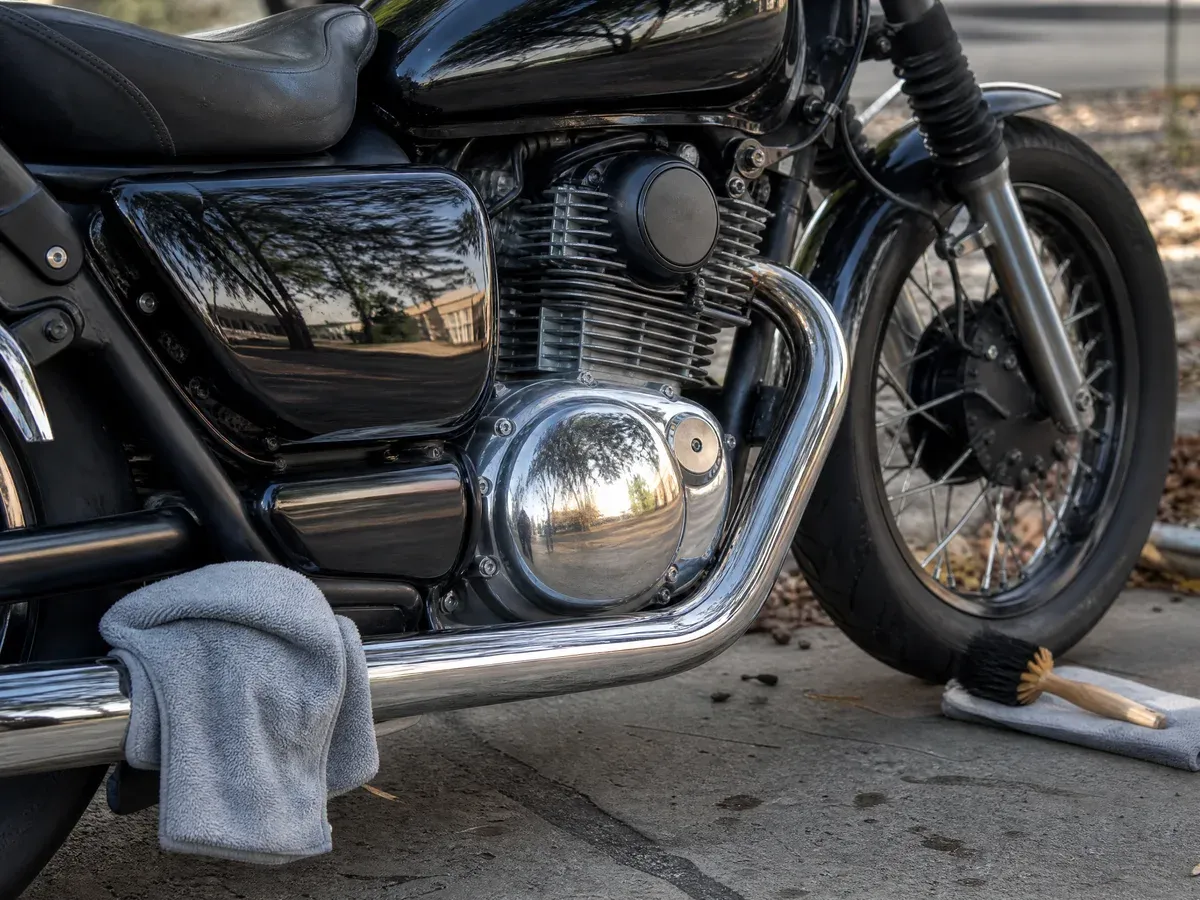 Motorcycle wheel and chrome detailing — Scarabbodyworks Detailing in Austin, TX